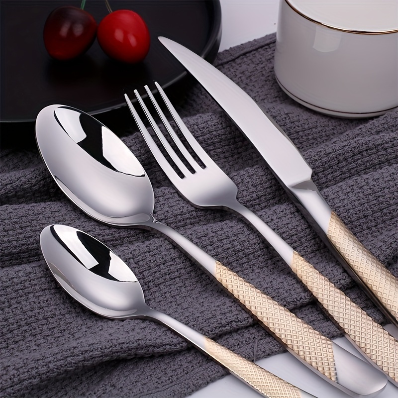 6Pcs/Set Stainless Steel Steak Knife With Long Handle Titanium Plating Gold  Dinner Knives Luxurious Western Flatwares