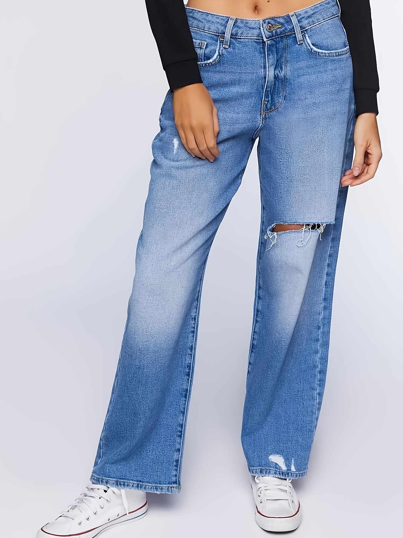 High Ripped Knees Wide Legs Flare Jeans Slim Fit High - Temu France