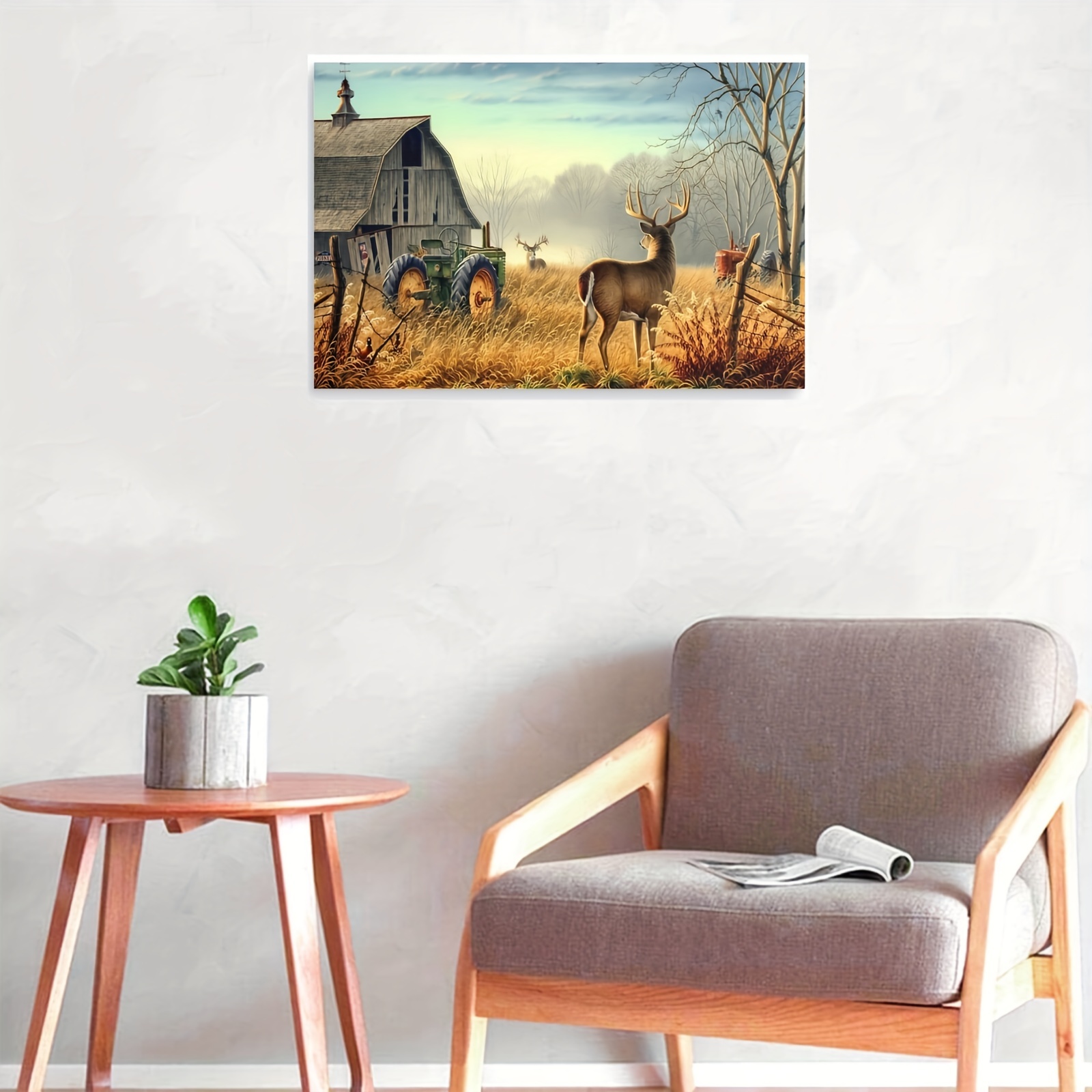 Framed Rustic Canvas Print Poster Deer Tractor Farm Wildlife - Temu