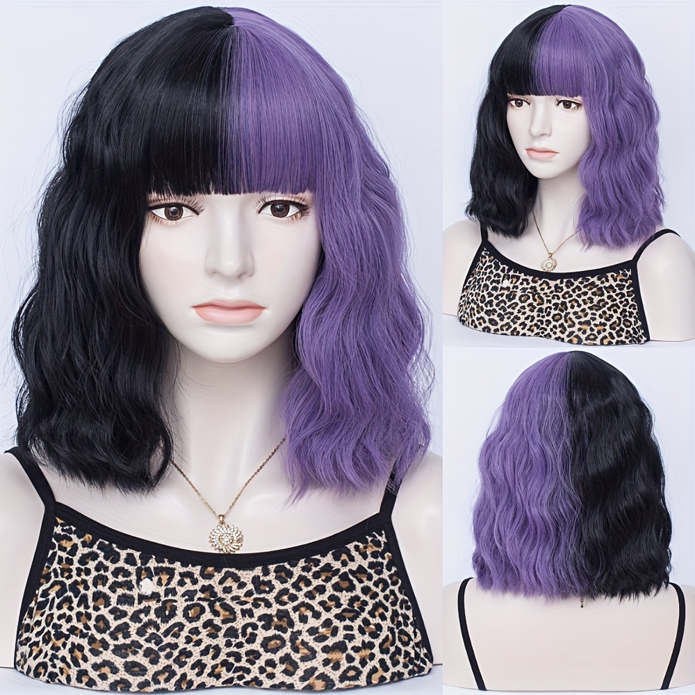 Two Tone Short Curly Wig with Bangs - Shoulder Length Synthetic Split Wig