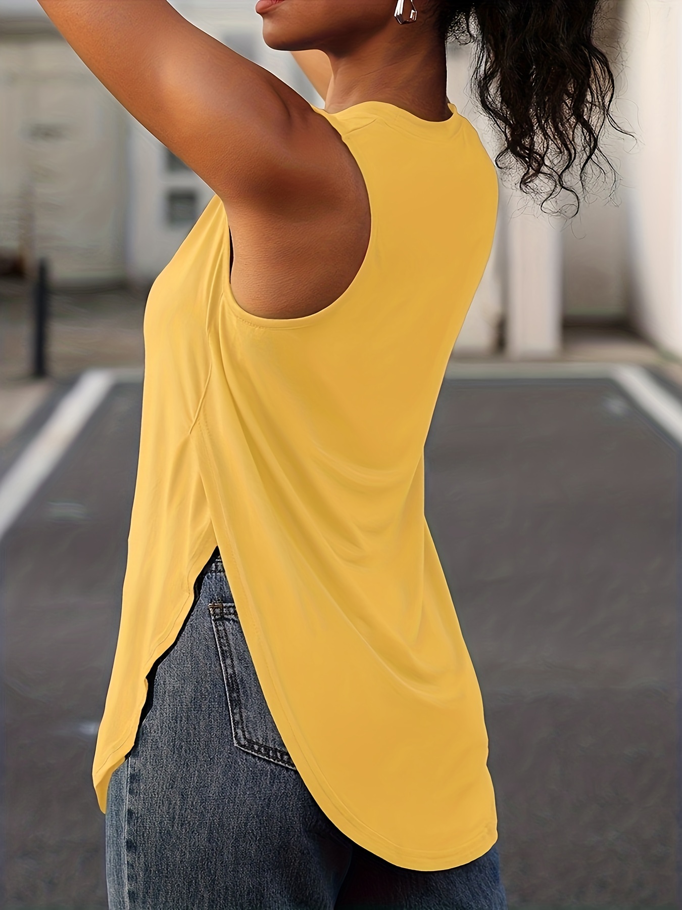 Solid Crew Neck Tank Top, Casual Sleeveless Split Top, Women's Clothing