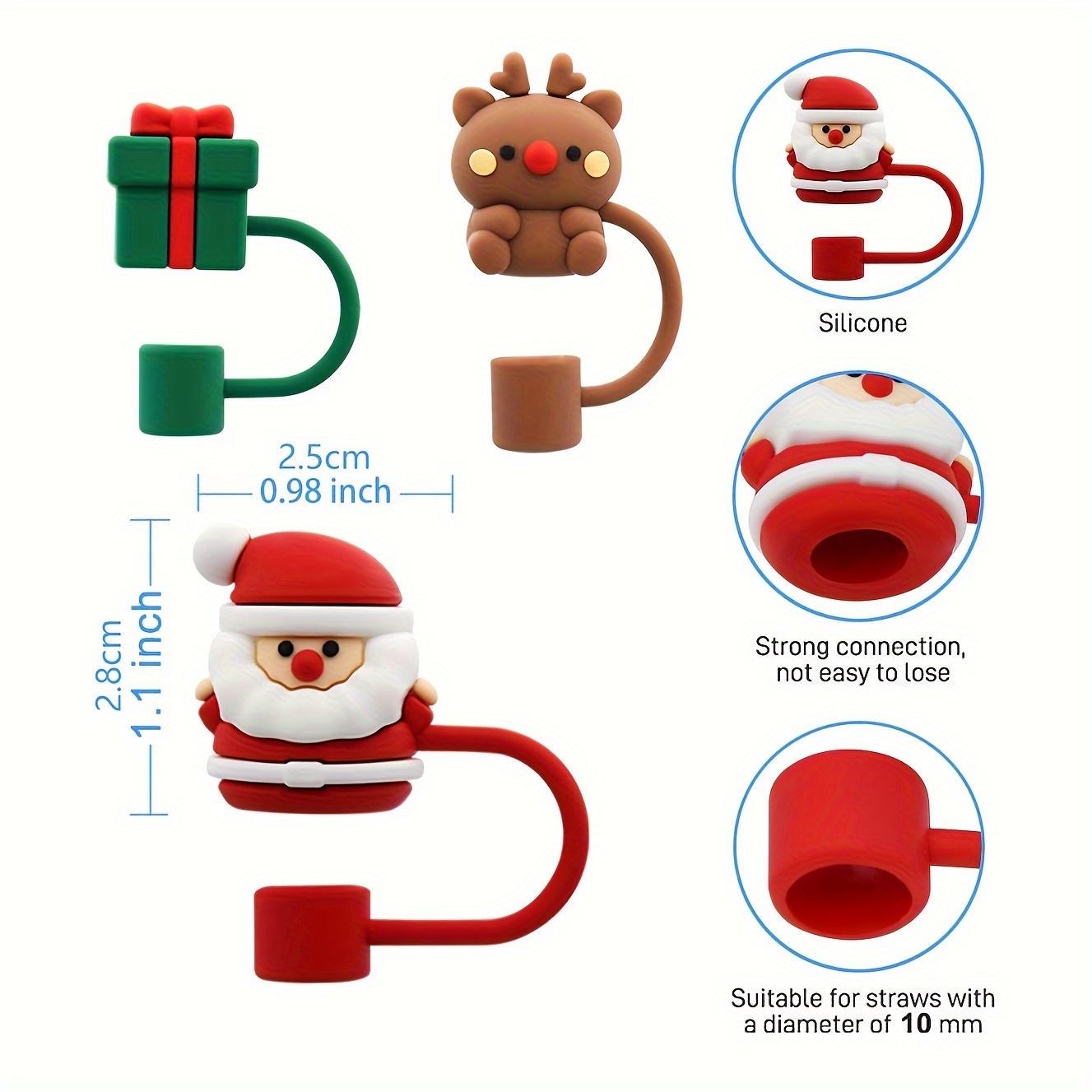 6Pcs 0.4in/10mm Diameter Christmas Silicone Straw Covers Cap