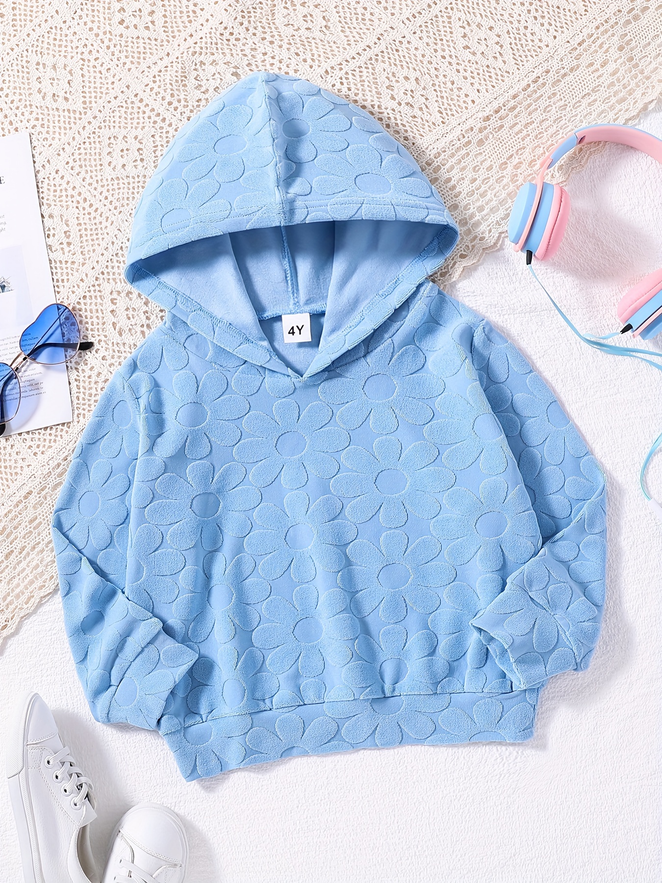 Sudadera con capucha azul liso para niños y niñas de 2 a 13 años