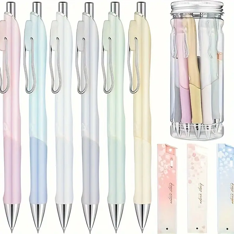 Mechanical Pencil Set 6 Pieces Refillable Drafting Pencil Automatic Pencil 3 Tubes of Pencil 0.5 mm Refills 2 Pieces Erasers with Clear Plastic Bottle