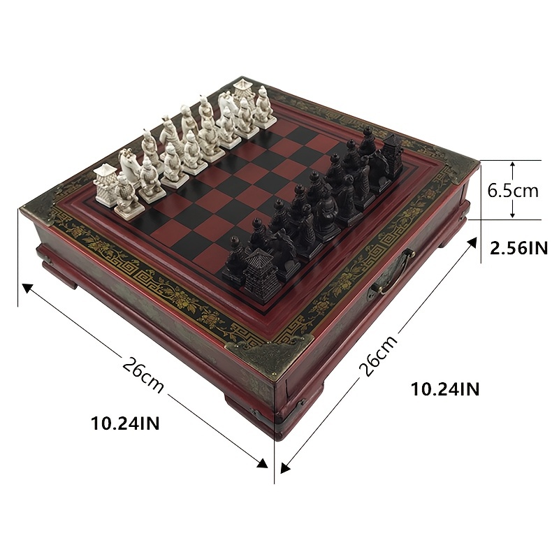 アンティークチェスの三次元兵馬俑チェスピース、高級レトロ木製テーブルチェス手作り26*26CM（10.24*10.24IN）ハロウィン/感謝祭/クリスマスギフト、ゲームギフト