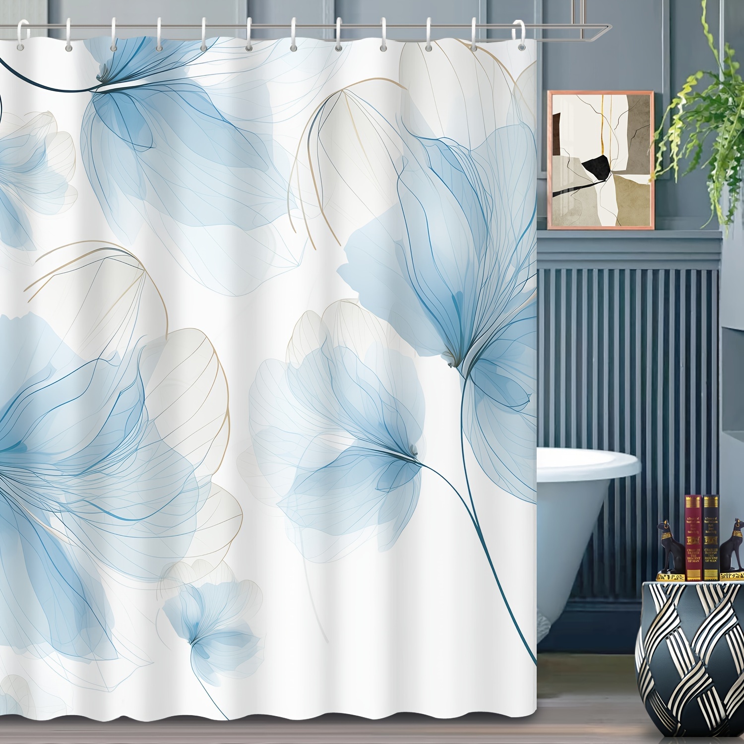 Blue Floral Printed Shower Curtain Waterproof Shower Curtain