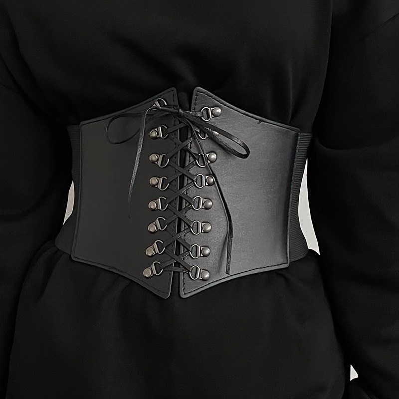 

Gothic Lace Up Wide Belts Vintage Black Elastic Pu Leather Belts Classic Corset Waspie Waistband Trendy Dress Coat Girdle For Women Daily Use