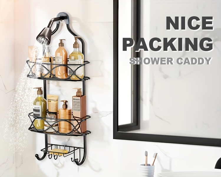 Over Head Shower Caddy Basket with Hooks, 3 Layers Bathroom Storage Rack  Shelf