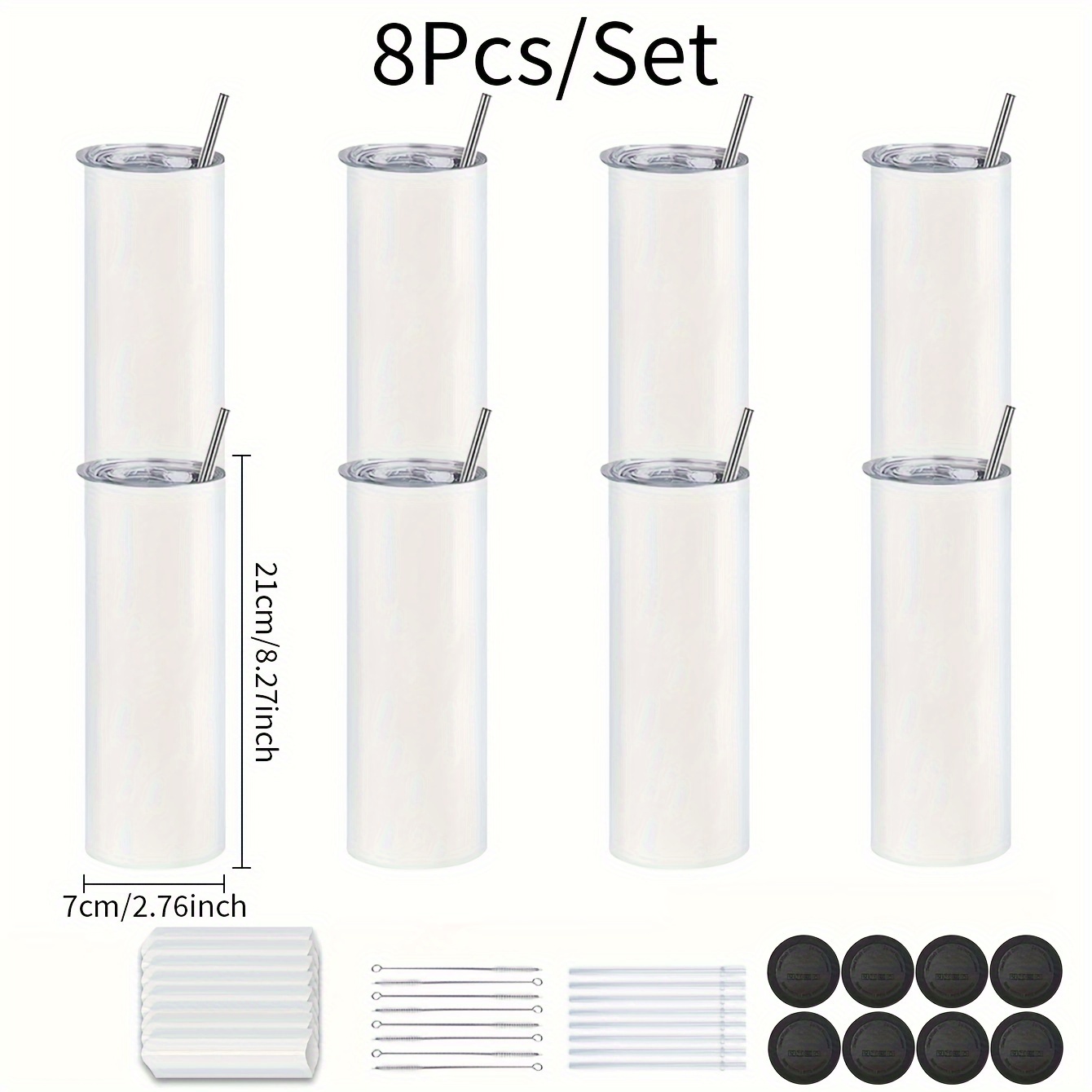 8pcs, Straight Sublimation Tumblers Bulk 20 Oz Skinny, Stainless