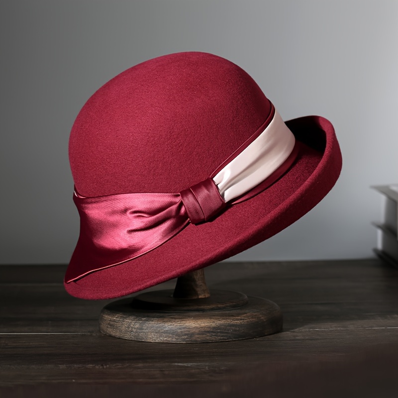 Ribbon Bowknot Wool Bucket Hat Elegant French Style Basin Hats Lightweight Fedoras for Women Autumn & Winter,Temu
