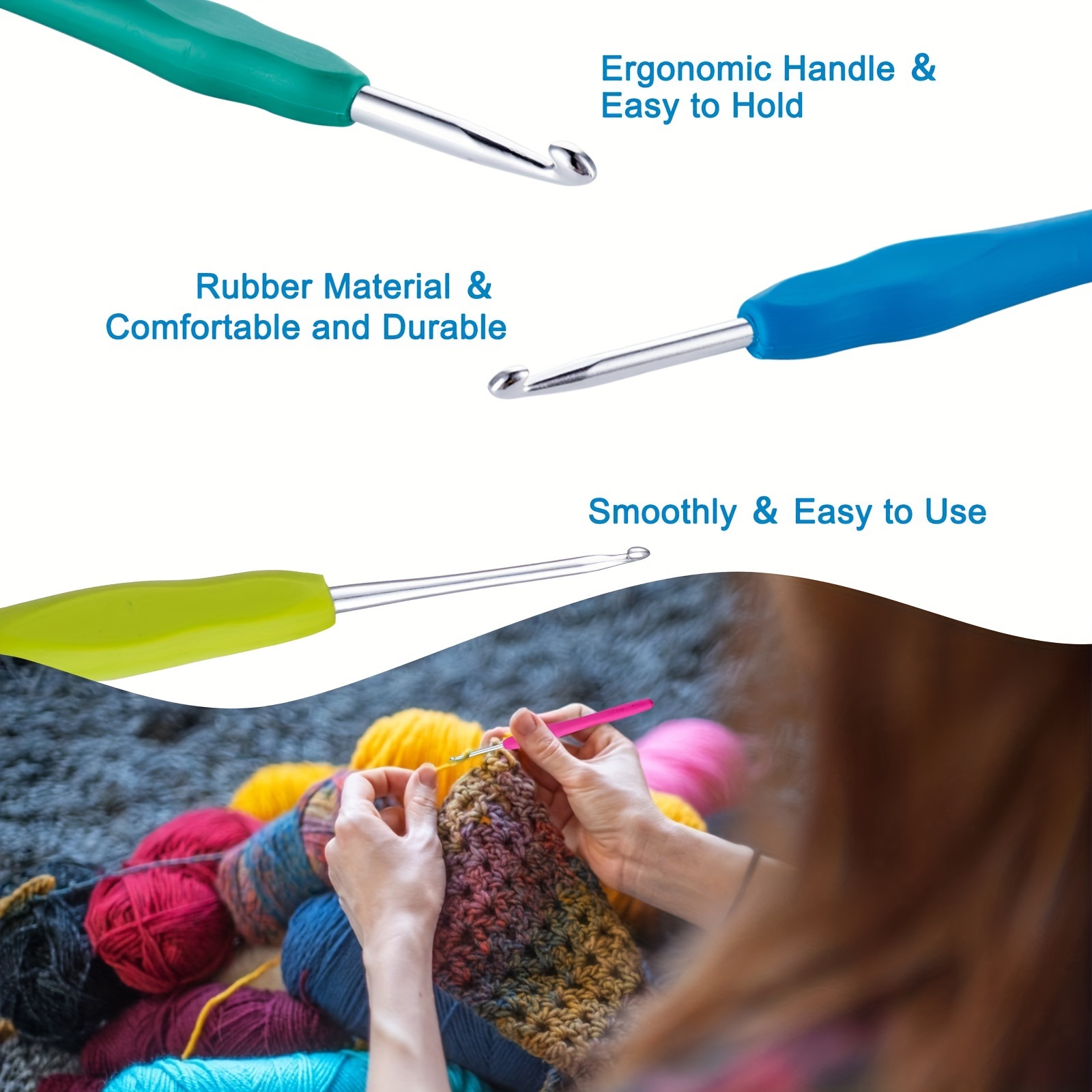 10Pcs Knitting Needles Crochet Hook - Multicolor Ergonomic Crochet Hooks  Set - Rubber Handled Aluminum Crochet Hooks - Small Crochet Hooks Knitting