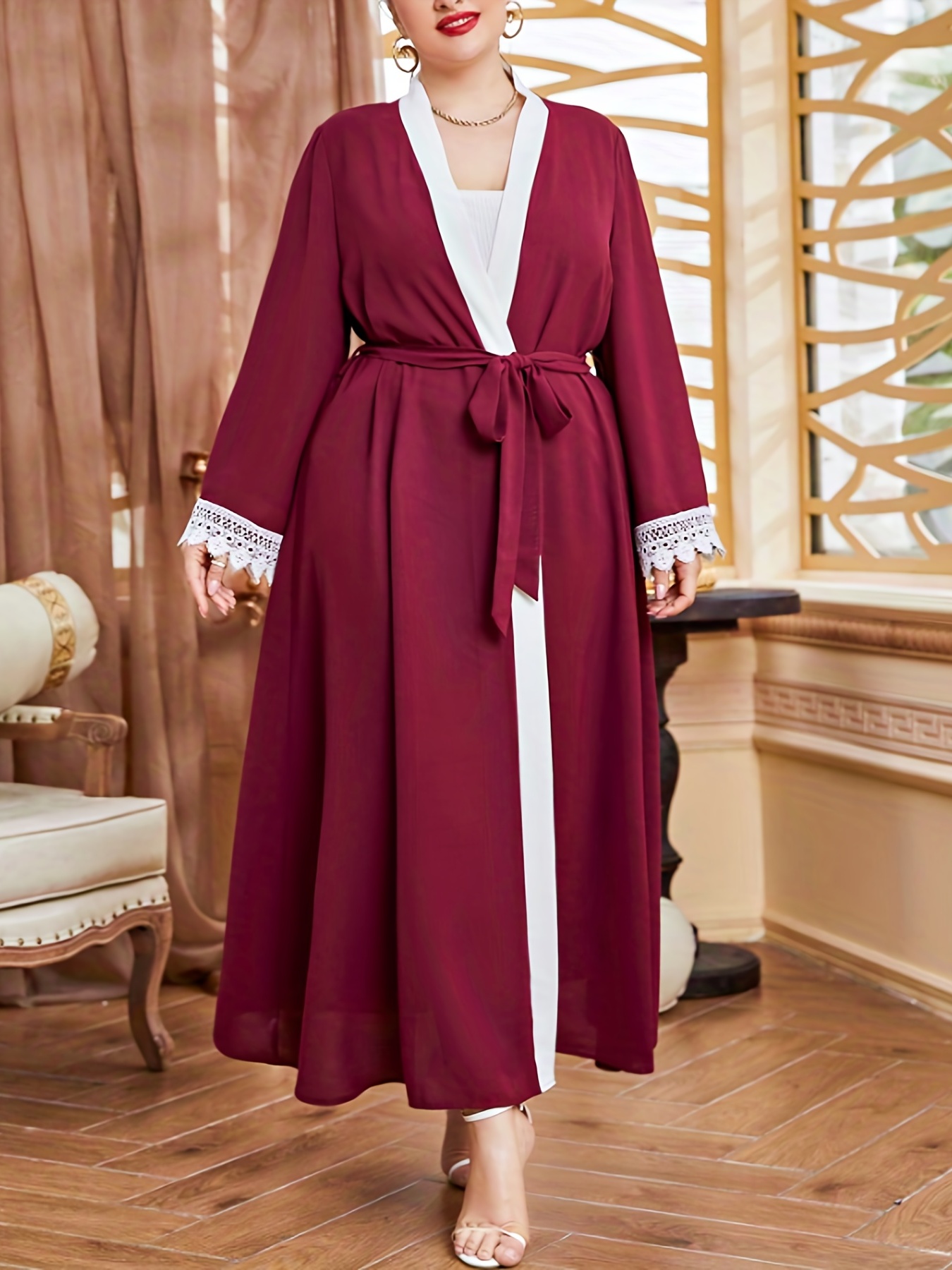 Boho Abaya Robe Plus Contrast Lace Long Sleeve Open Front Robe Arabian Dress