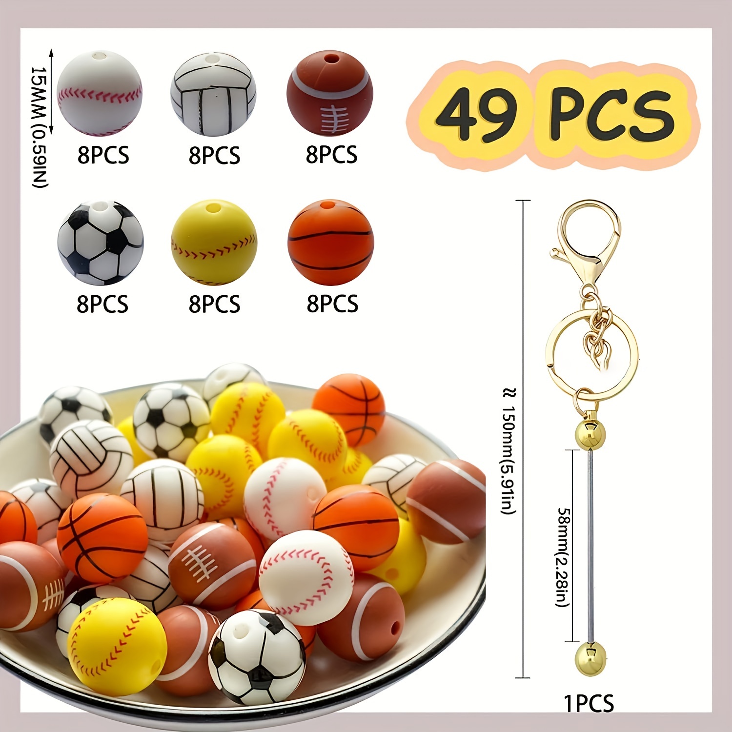 TOPHONIEX Sports Silicone Beads 15mm Silicone Beads Round Rubber Beads  Baseball Softball Football Beads for Keychain Making DIY Crafts Bracelet