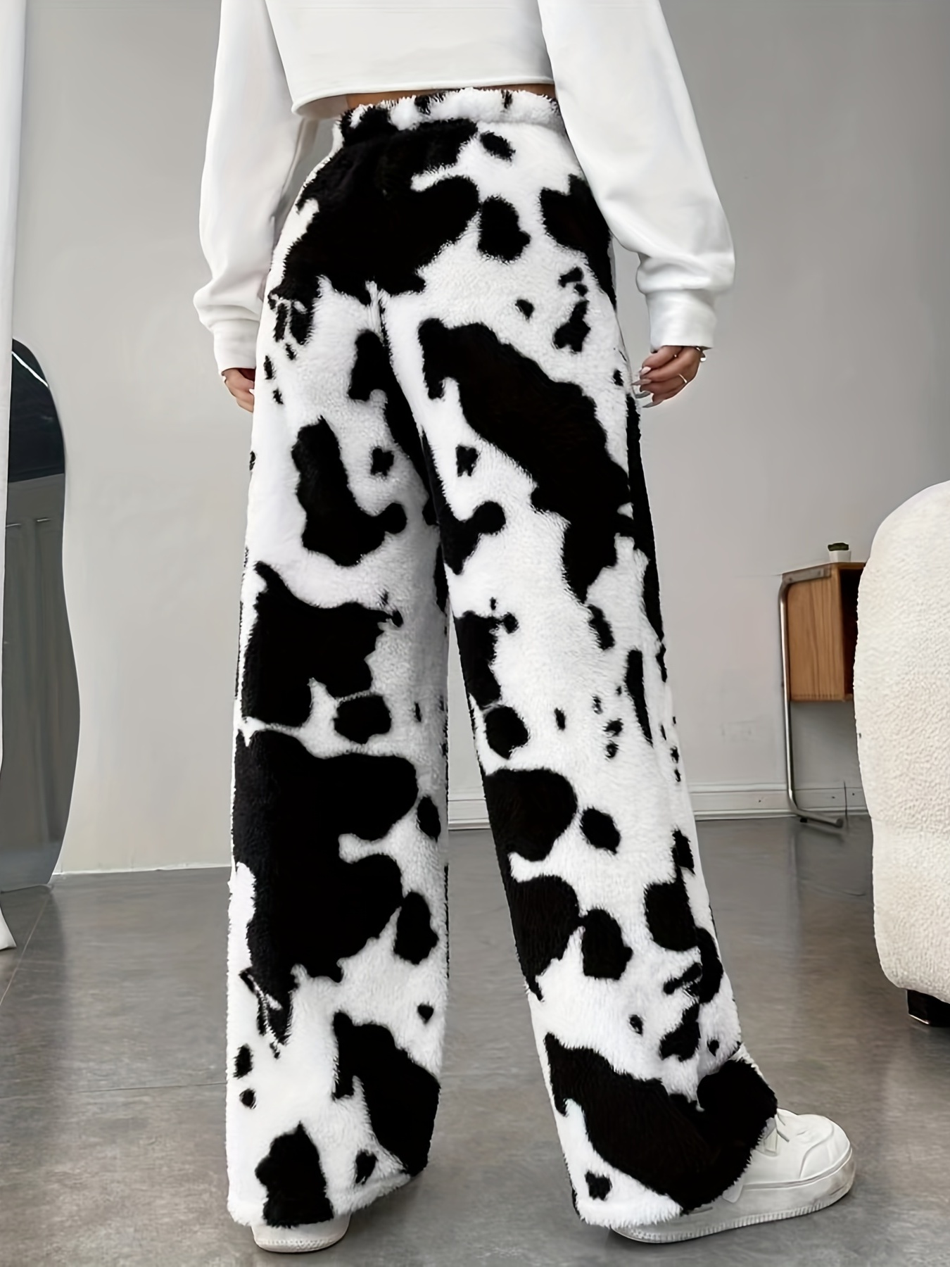 Cow Print Fuzzy Elastic Waist Pants Casual Loose Pants Fall - Temu Canada