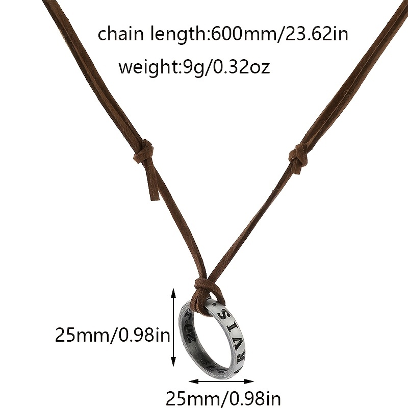 Men's Adjustable Brown Leather Chain Pendant Necklace with Ring