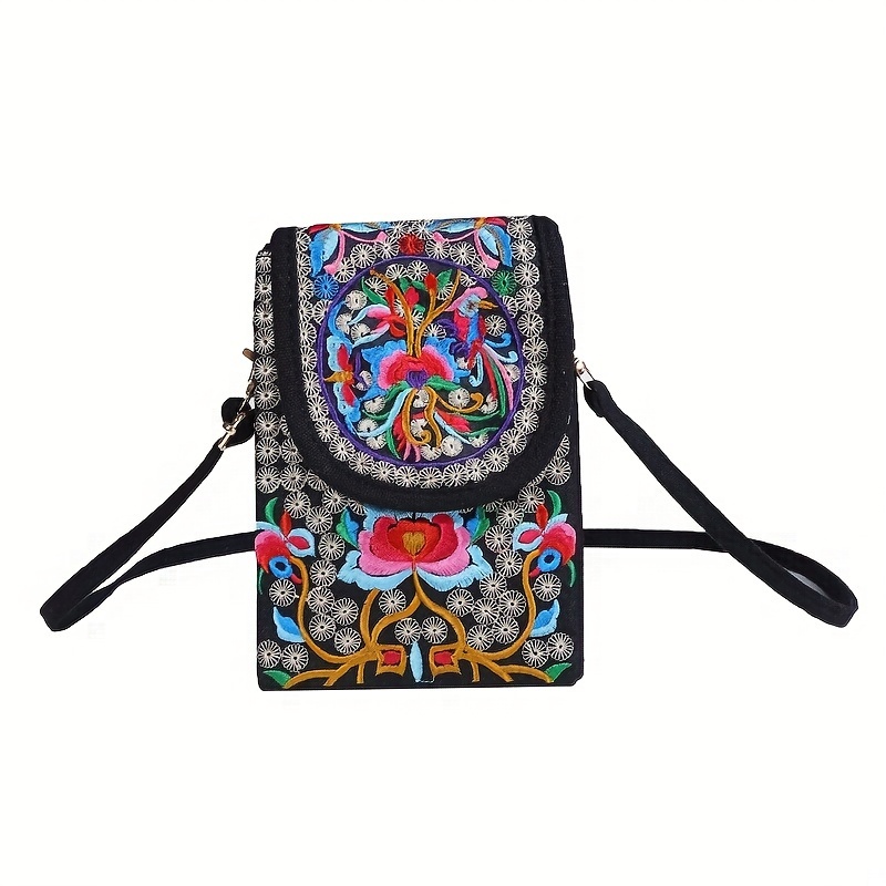 Bolsa Teléfono Celular Bordada Flores Mini Bolso Cruzado - Temu