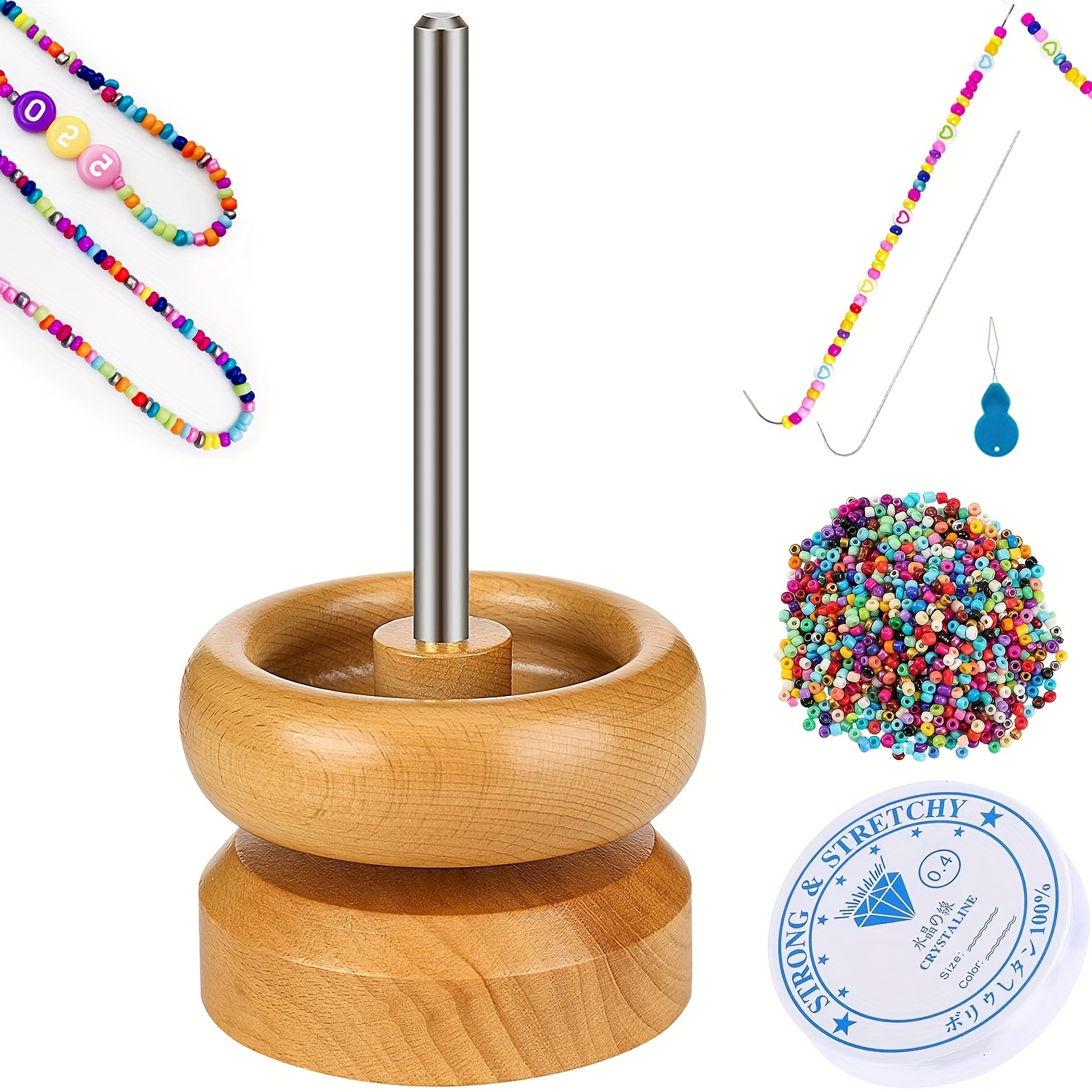 Wooden Bead Spinner with 2 Beading Needles & 500 Beads
