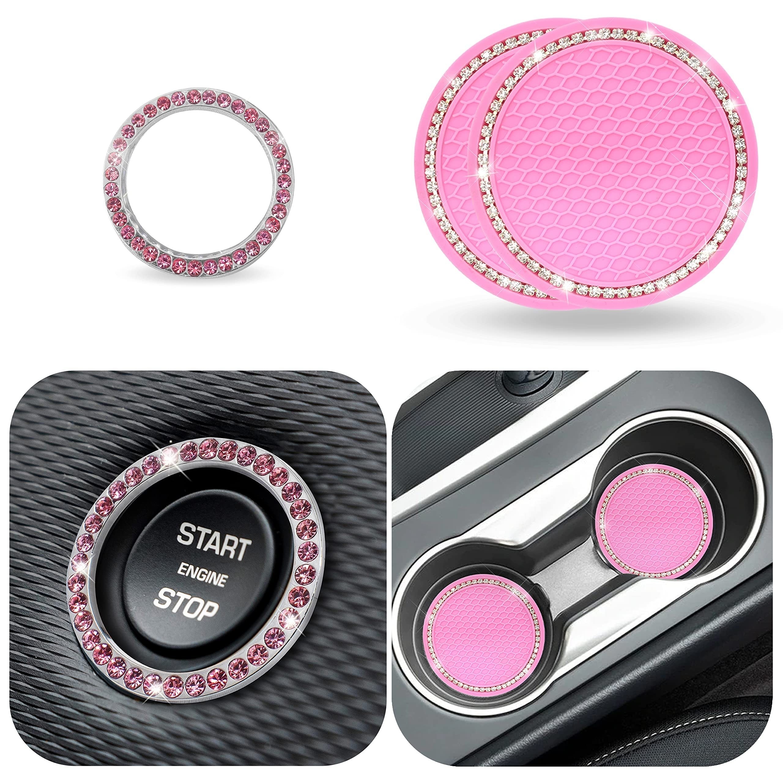 Pink Bling Rhinestone Cup Holder Insert Cup Coasters Accessories For Car  Parts