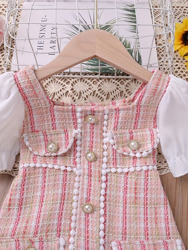 girls elegant pearl button plaid patchwork princess dress for party beach vacation kids summer clothes details 7
