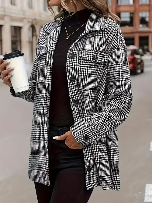 Color Block Black And White Casual Plaid Jacket - Temu