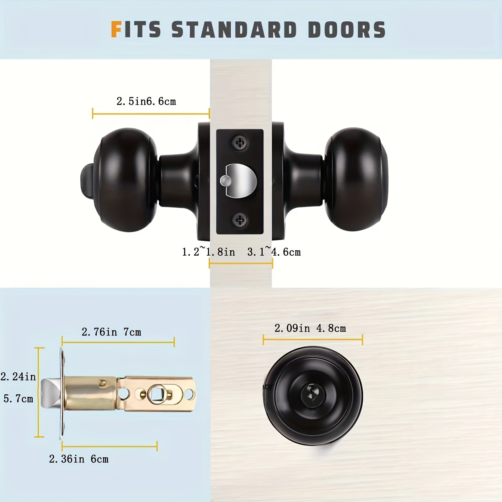 JO.KO Pomo de puerta de paso sin llave, cerradura de bola redonda para  puerta interior/exterior para dormitorio o baño/manija de puerta de entrada