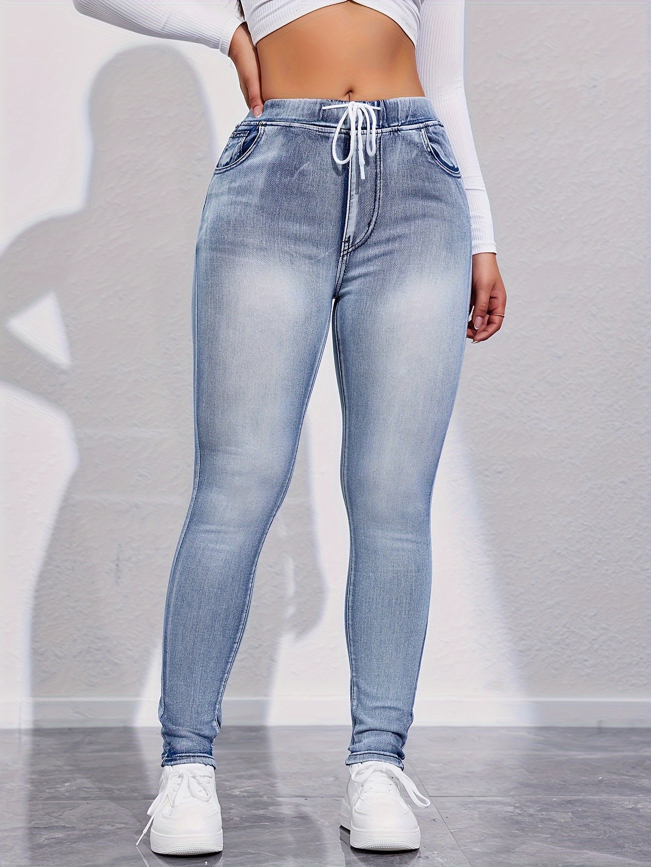 Blue Drawstring Elastic Waist Skinny Jeans, Slim Fit * Stretch Versatile  Denim Pants, Women's Denim Jeans & Clothing