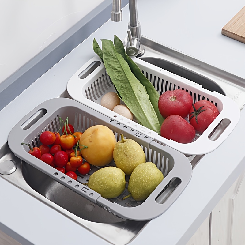 MineSign Extendable Over the Sink Colander Fruits and Vegetables Drain  Basket Adjustable Strainer Sink Washing Basket for Kitchen (White)