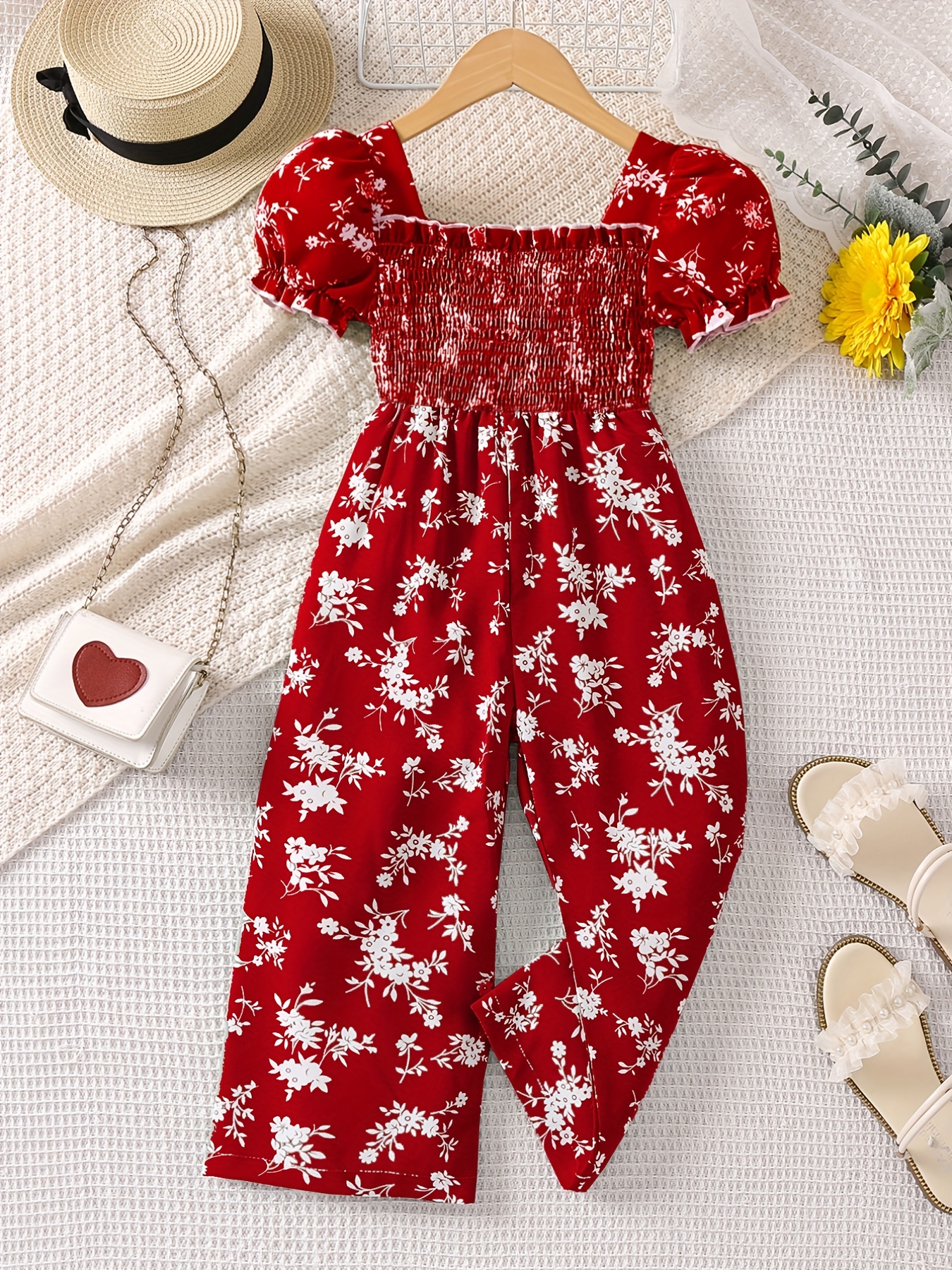 Girls Floral Puff Sleeve Romper, One Shoulder