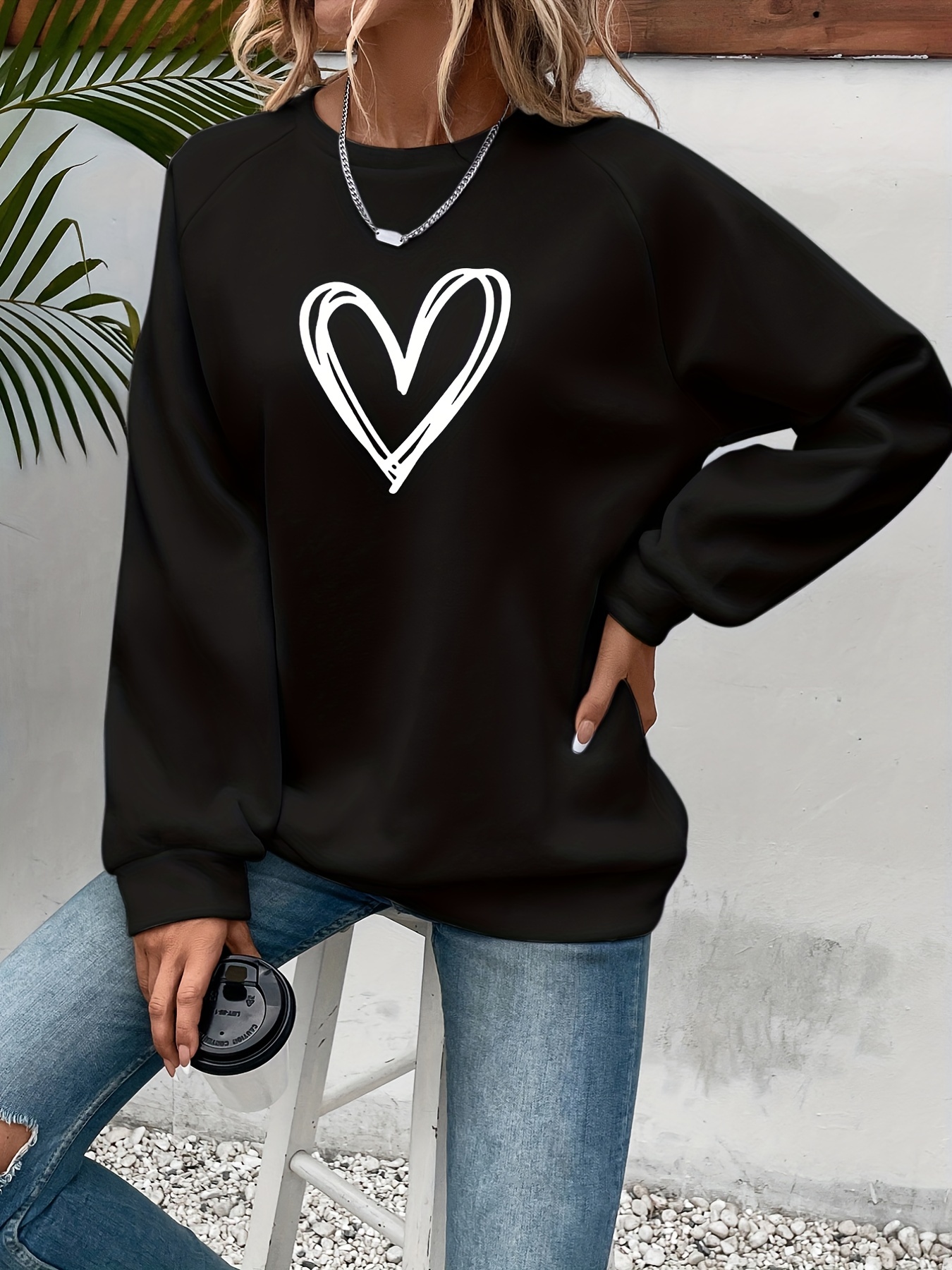 Heart Print Pullover Sweatshirt, Casual Long Sleeve Crew Neck Sweatshirt  For Spring & Fall, Women's Clothing - Temu Germany