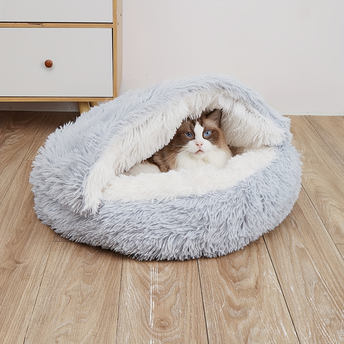 1pc Semi-enclosed Pet Warming Nest, Round Soft Cat Bed, Plush Soft Pet Bed