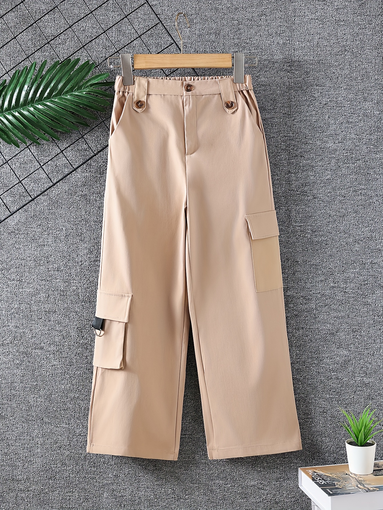 Girl's Solid Cargo Pants With Pockets For Autumn/winter, Kids Clothing