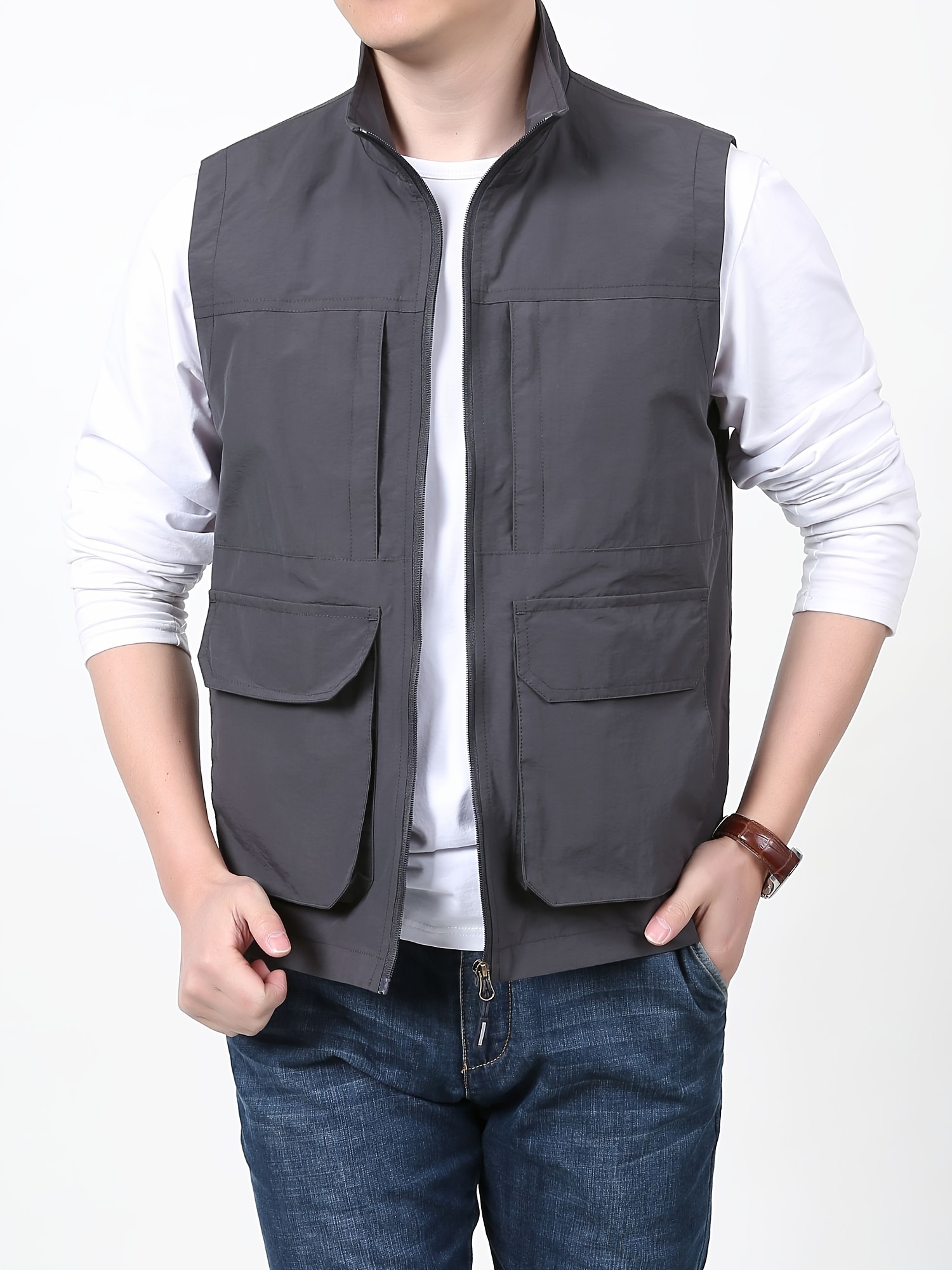 multi pockets cargo vest men s casual outwear stand collar