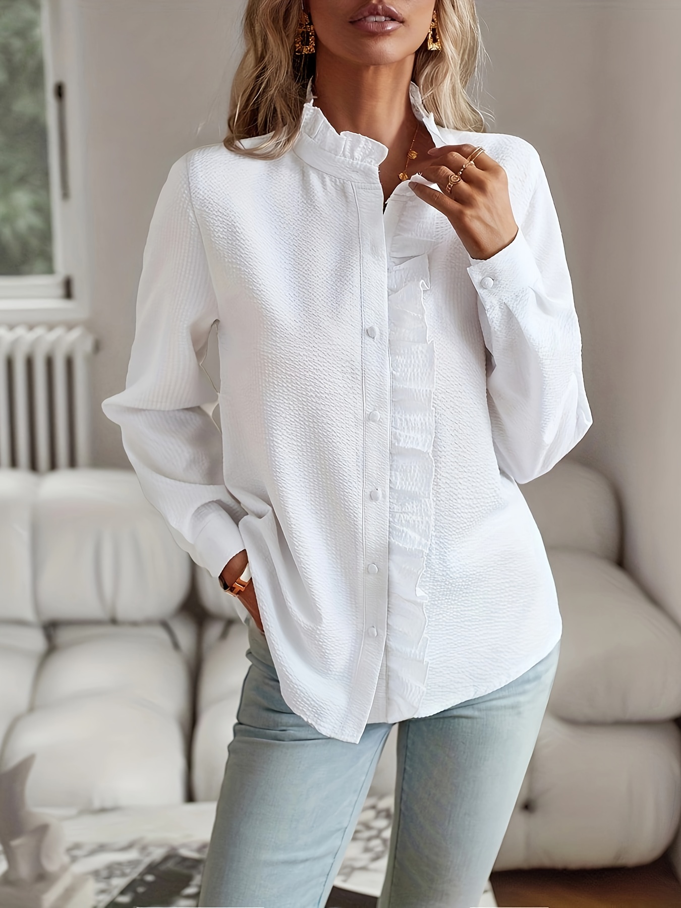 Ruffle Trim Button Front Blouse Casual Long Sleeve Blouse - Temu