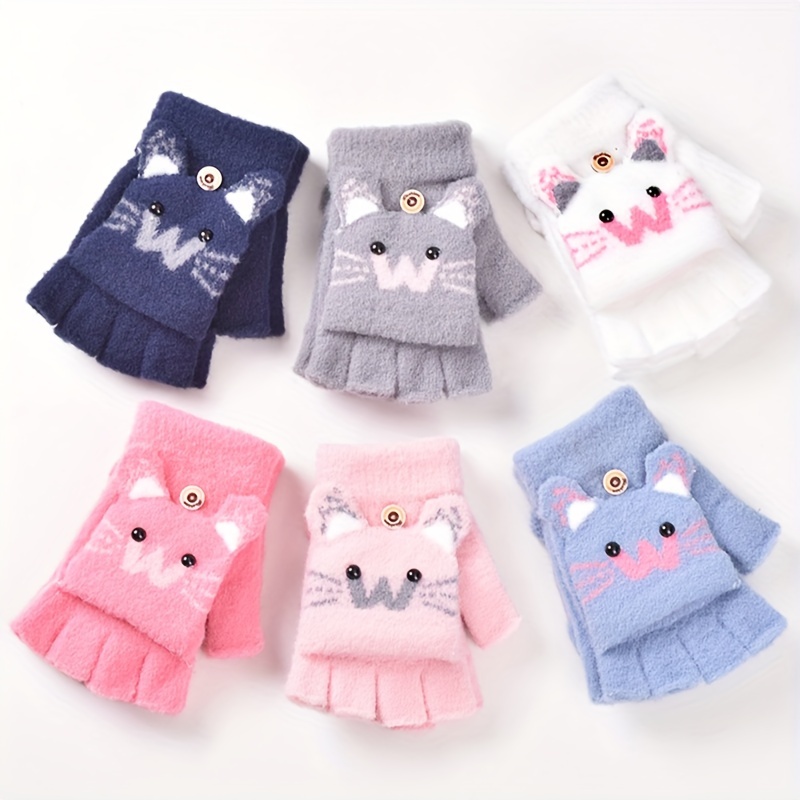 

1pair Knitted Gloves With Half Finger Cute Cartoon Thickened Flap To Keep Warm In Autumn And Winter