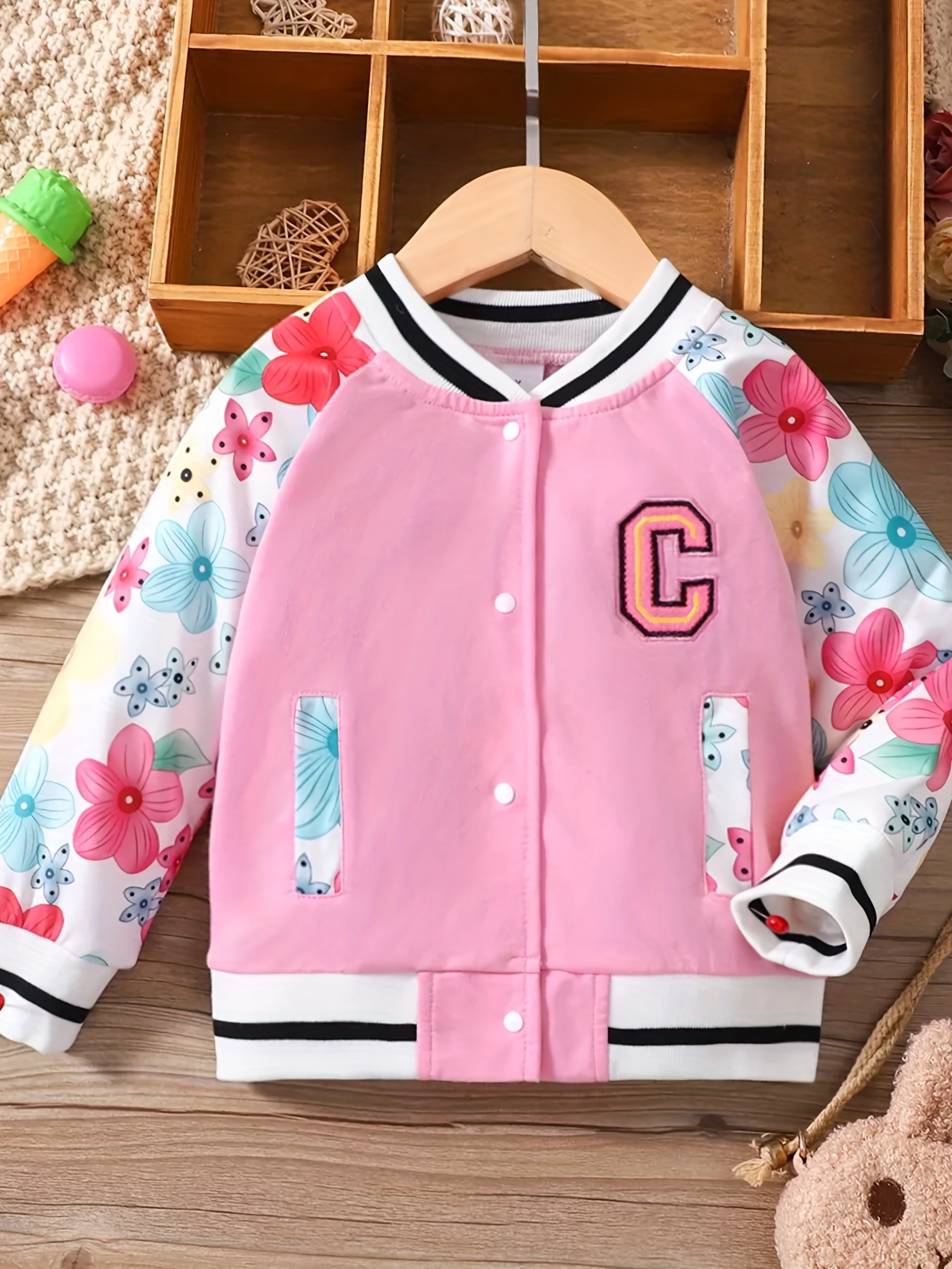 Toddler Girl's Color Block Button Casual Varsity Jacket, Kids Clothing For  Fall/ Spring