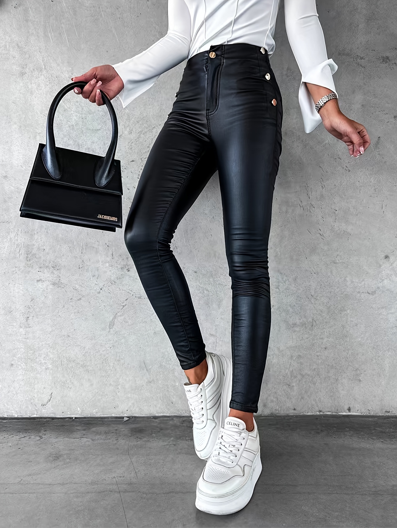 Faux Leather Button Decor Skinny Pants Sexy High Waist Solid - Temu