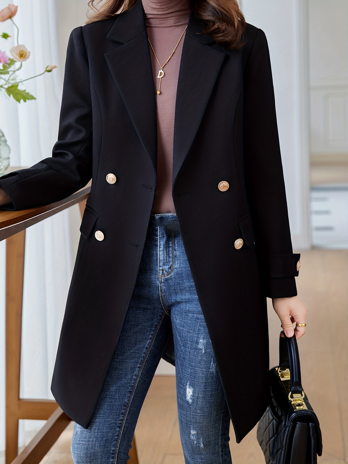 Solid Double Breasted Lapel Overcoat Elegant Long Sleeve Mid