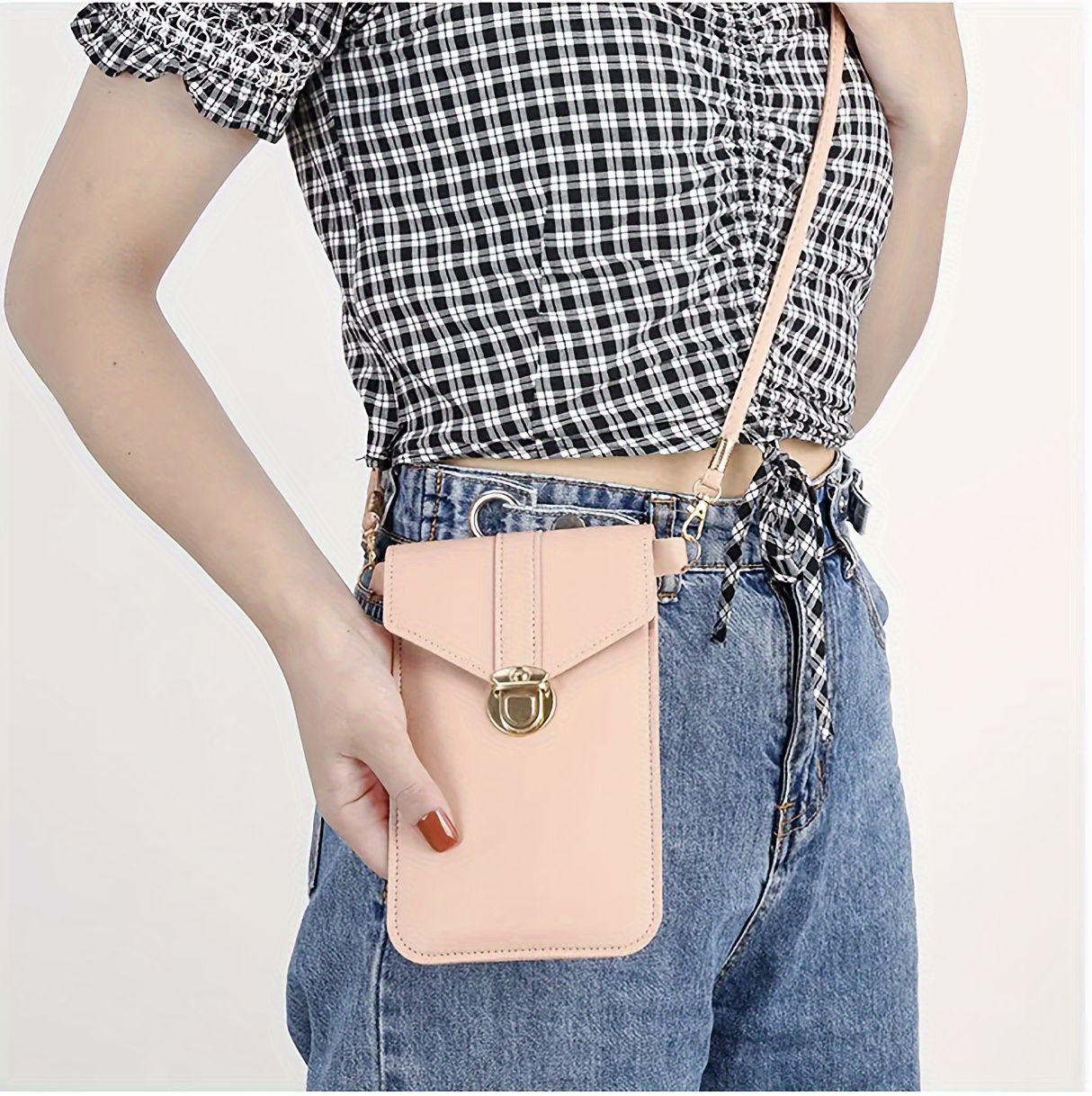 1pc Women's Touch Screen Crossbody Phone Bag - Stylish Mini Shoulder Wallet with Detachable Strap, Golden-Tone Clasp & Card Holder, Pink, Phone Purse