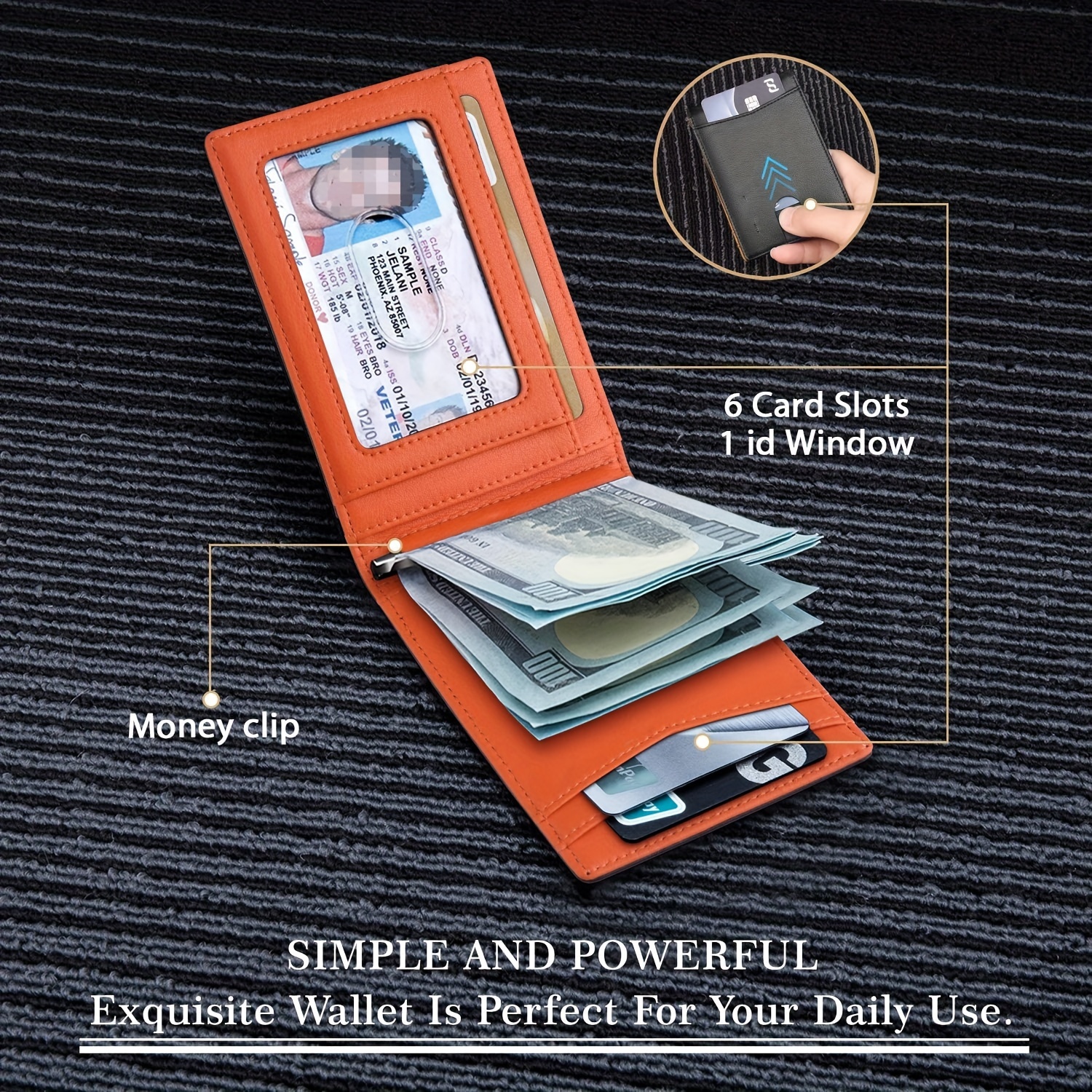 Minimalist Slim Wallet For Men, Premium Leather Wallet With Money Clip,  Rfid Blocking Front Pocket Stylish Bifold Wallet (classic Black & Orange)