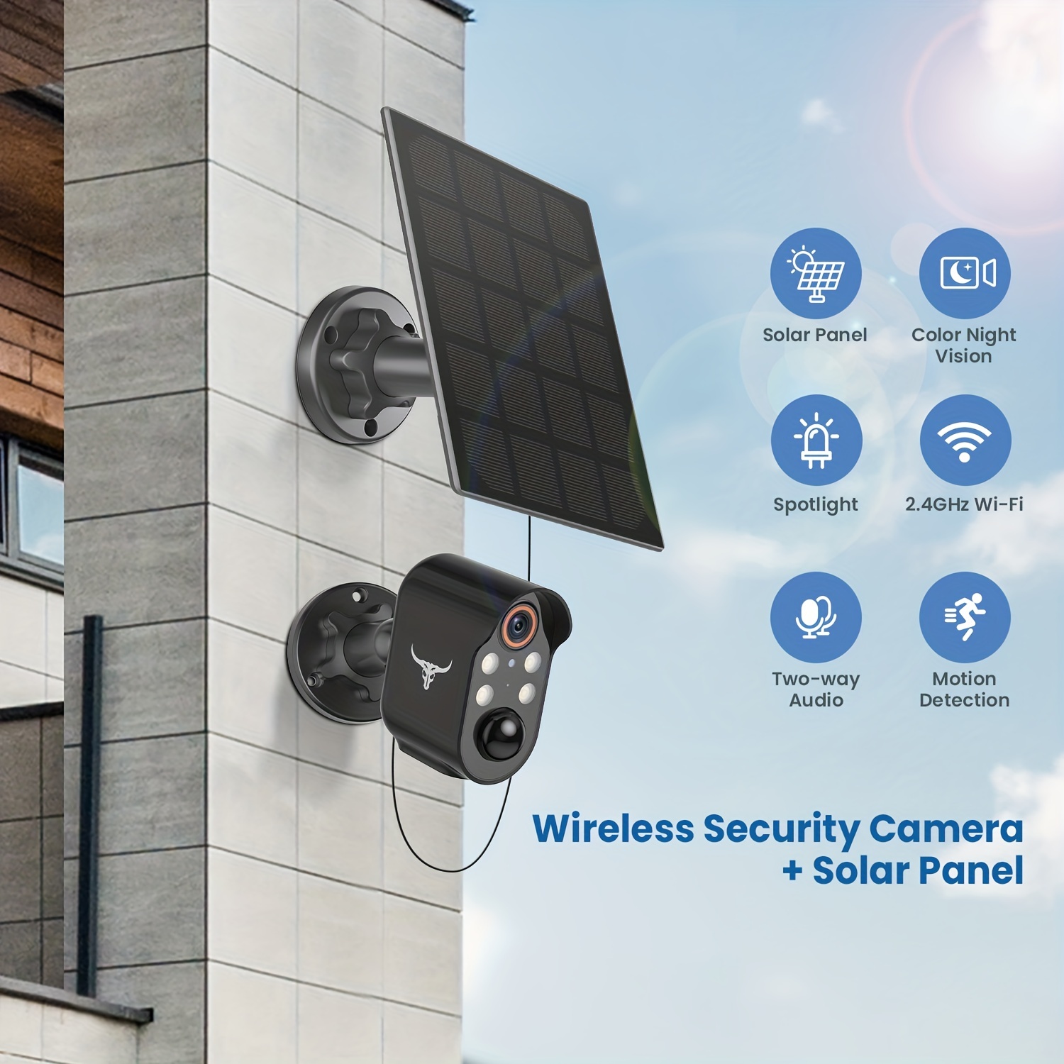 Caméra de surveillance solaire pour l'extérieur, Caméra de sécurité sans fil  pour l'extérieur avec panneau solaire, Caméra WiFi à piles, Caméra solaire  HD pour l'extérieur avec vision nocturne en couleur, Détection PIR