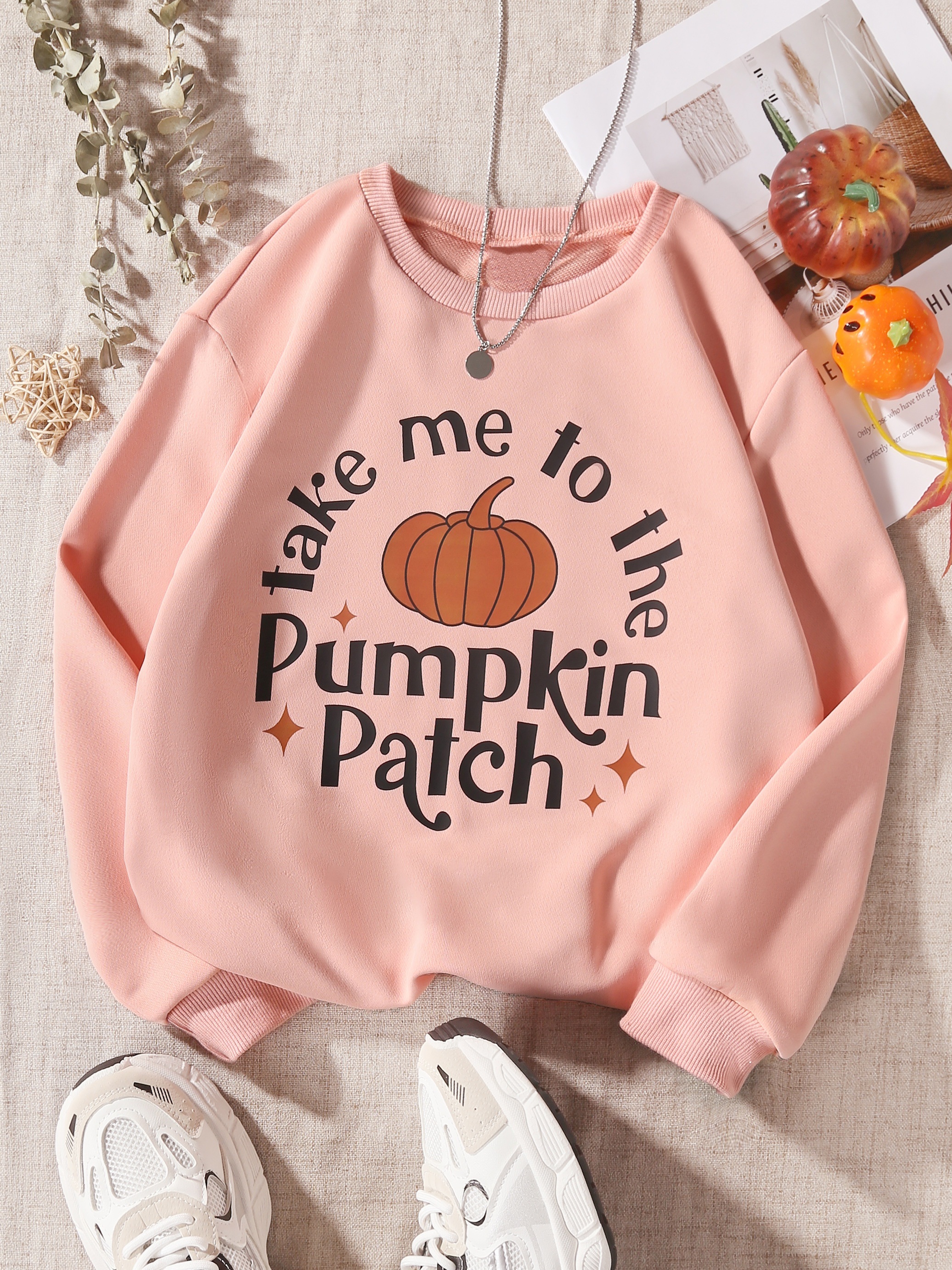 pumpkin Patch'' Print Halloween Girls Crew Neck Sweatshirt - Temu