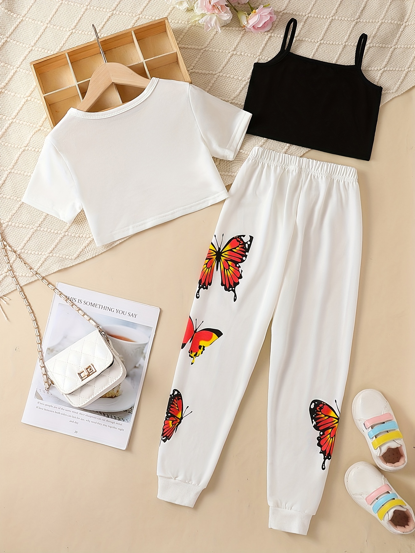 Girls 3pcs Casual Suit: Cover-up T-Shirt & Camisole & Pants Set Kids Sports  Leisure Clothes