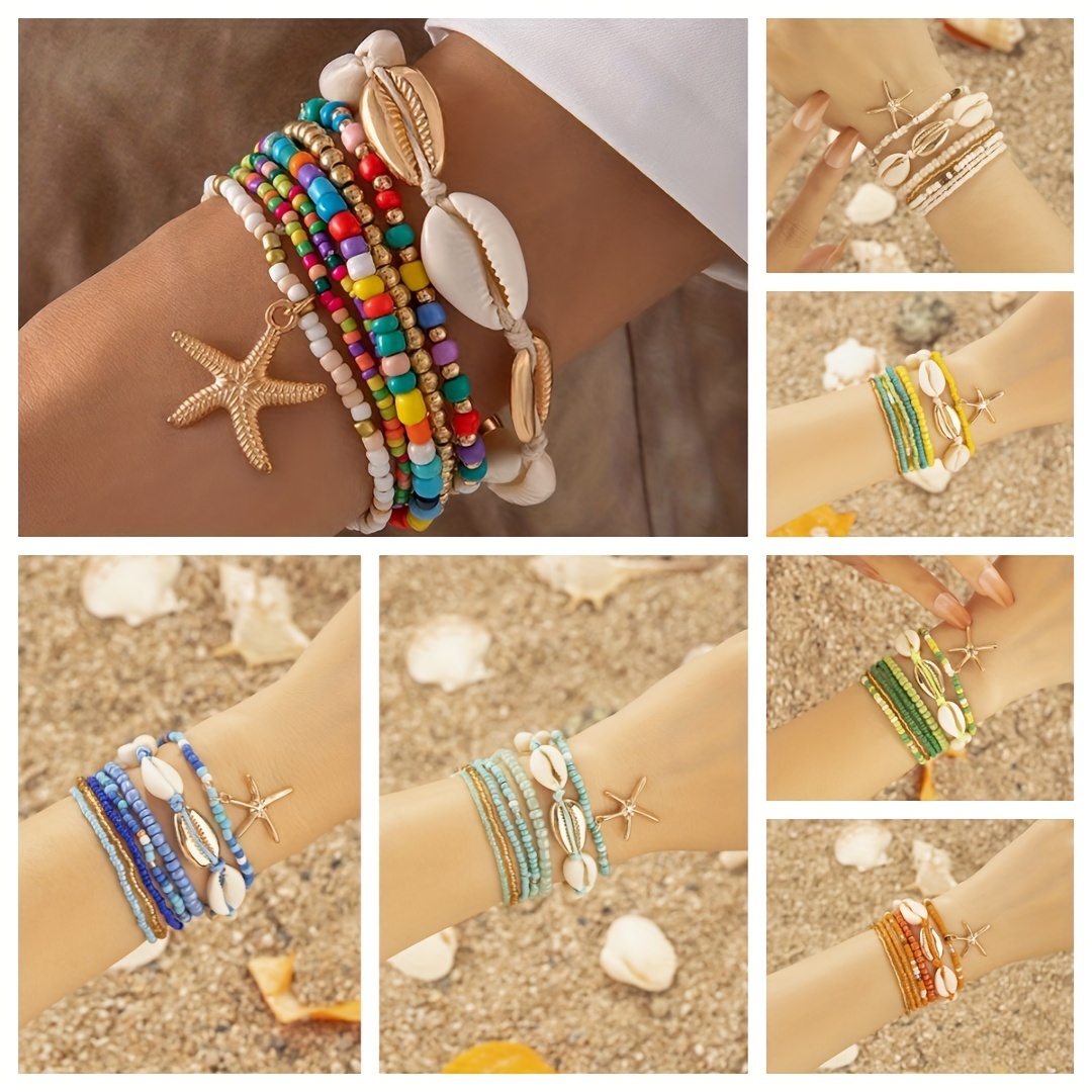 

7pcs Boho Vacation Style Beads Imitation Shell Starfish Pendant Stacking Bracelet Set