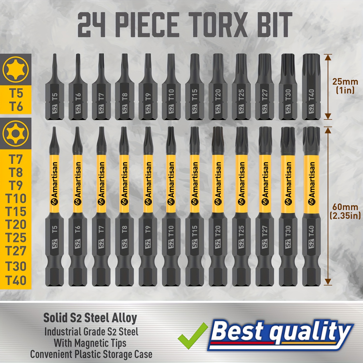 Torx Bits Set, Amartisan 24-Piece Security Torx Bit Set, Tamper Resistant  Star Bits Set S2 Steel, 1 and 2.3 Long T5 - T40.