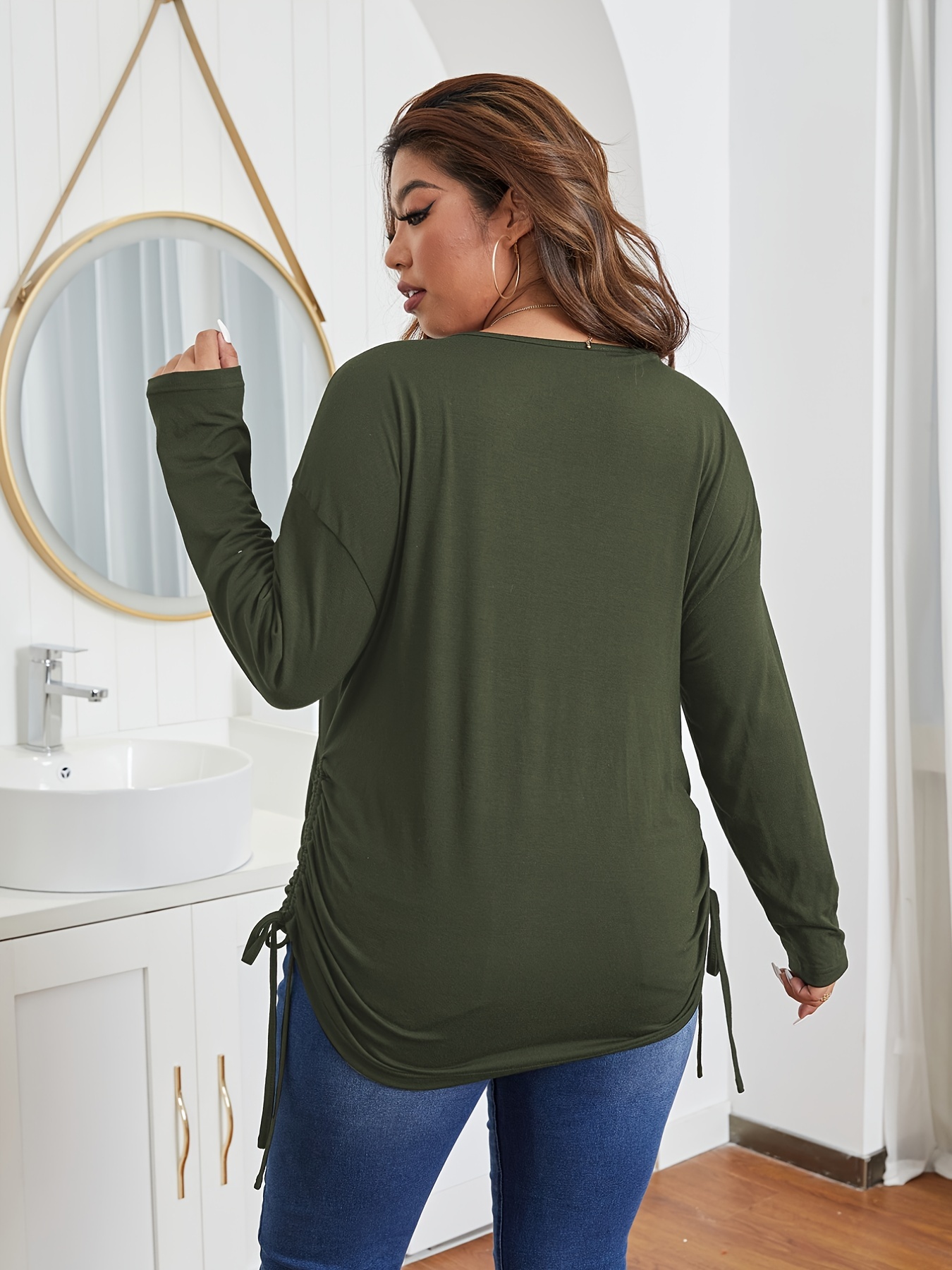 Plus Size V-neck Solid Color Tee, Women's Casual Stretchy Drawstring Side  Long Sleeve T-shirt