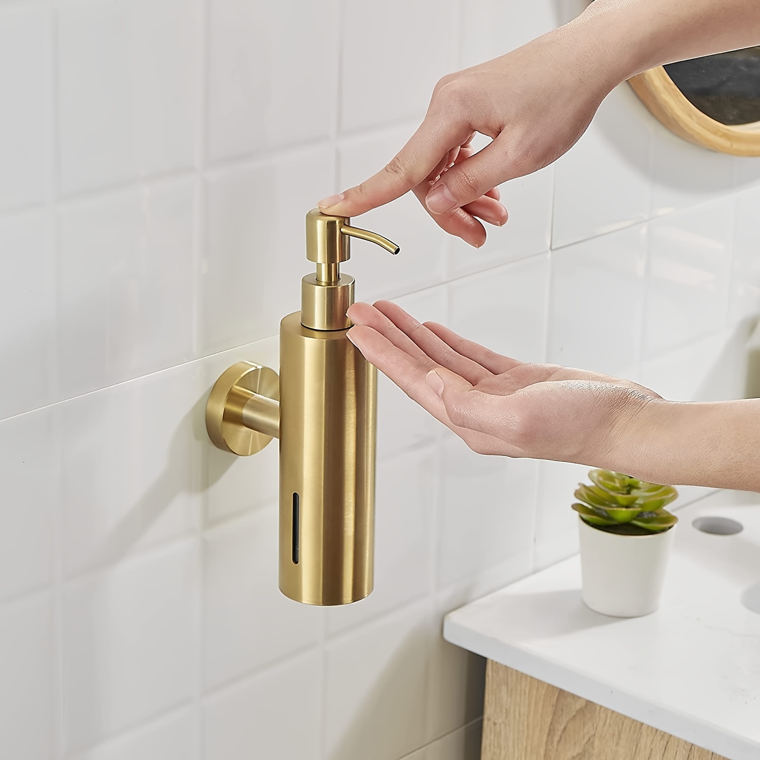 

1pc Wall Mounted Stainless Steel Brushed Golden Soap Dispenser Household Toilet Soap Dispenser Bottle