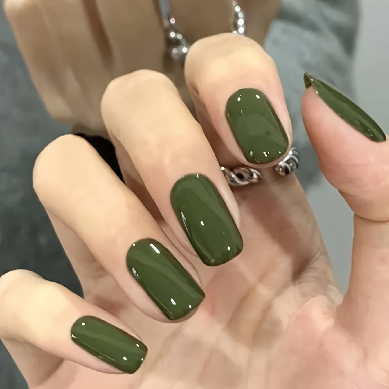 24pcs dark green fake nails medium ballerina glossy false nails full cover nail art for women girls send 1pc nail file and 1pc jelly glue details 1