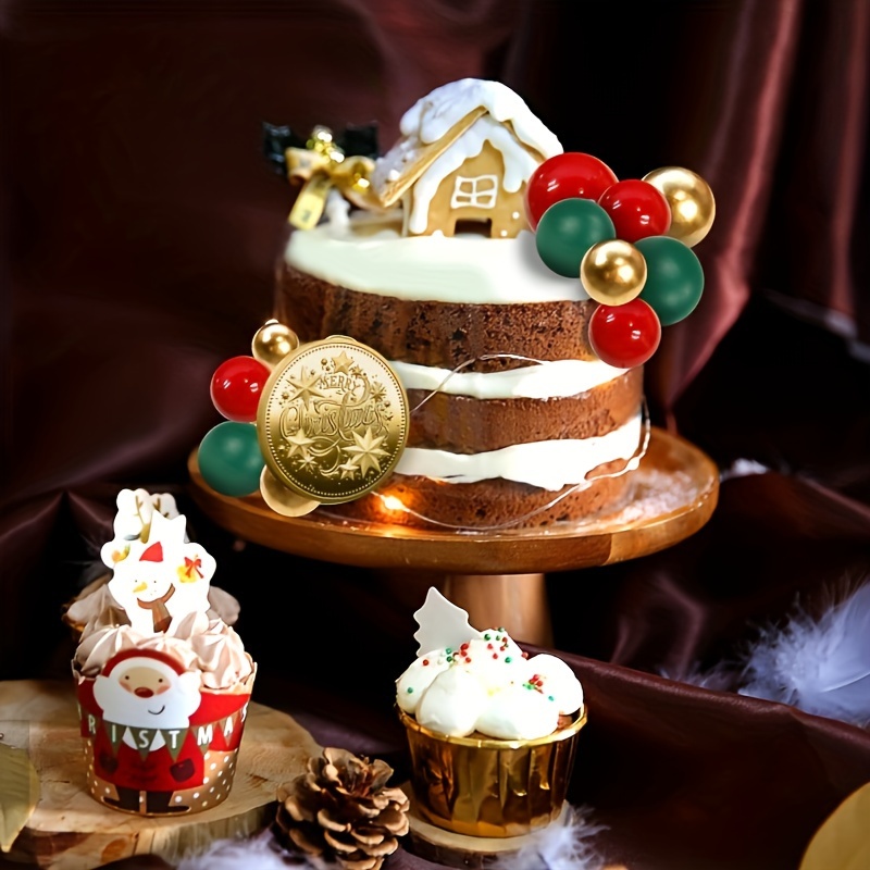 25 шт., шарики для торта, топпер для кекса с Рождеством, красочный жемчужный шар, топпер для торта для DIY, украшения для торта, зимние рождественские товары для дня рождения (красный, зеленый, золотой) подробные сведения 1