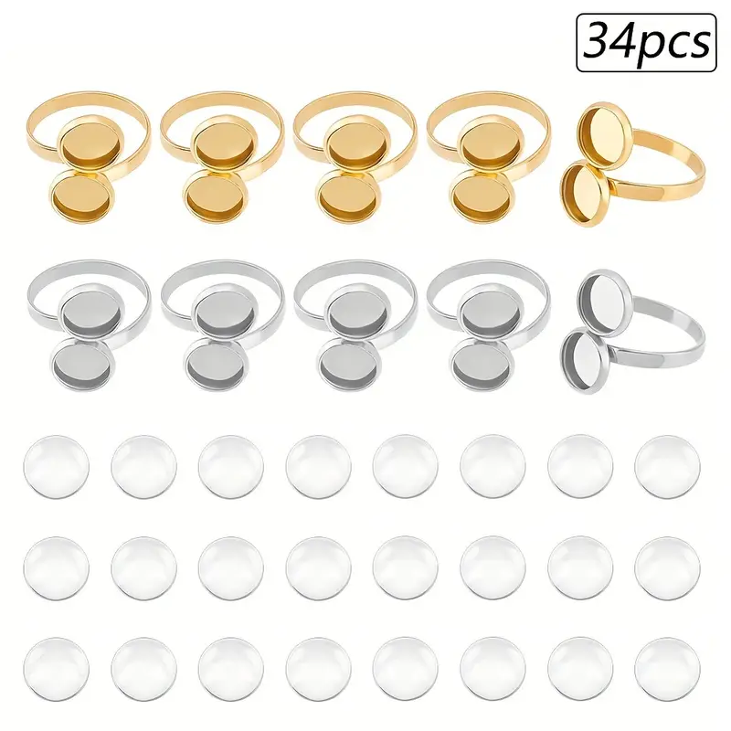 SUNNYCLUE 4-Pack Stainless Steel Cabochon Ring Blanks - Adjustable Wide Band With 8mm Round Pad For DIY Jewelry Making