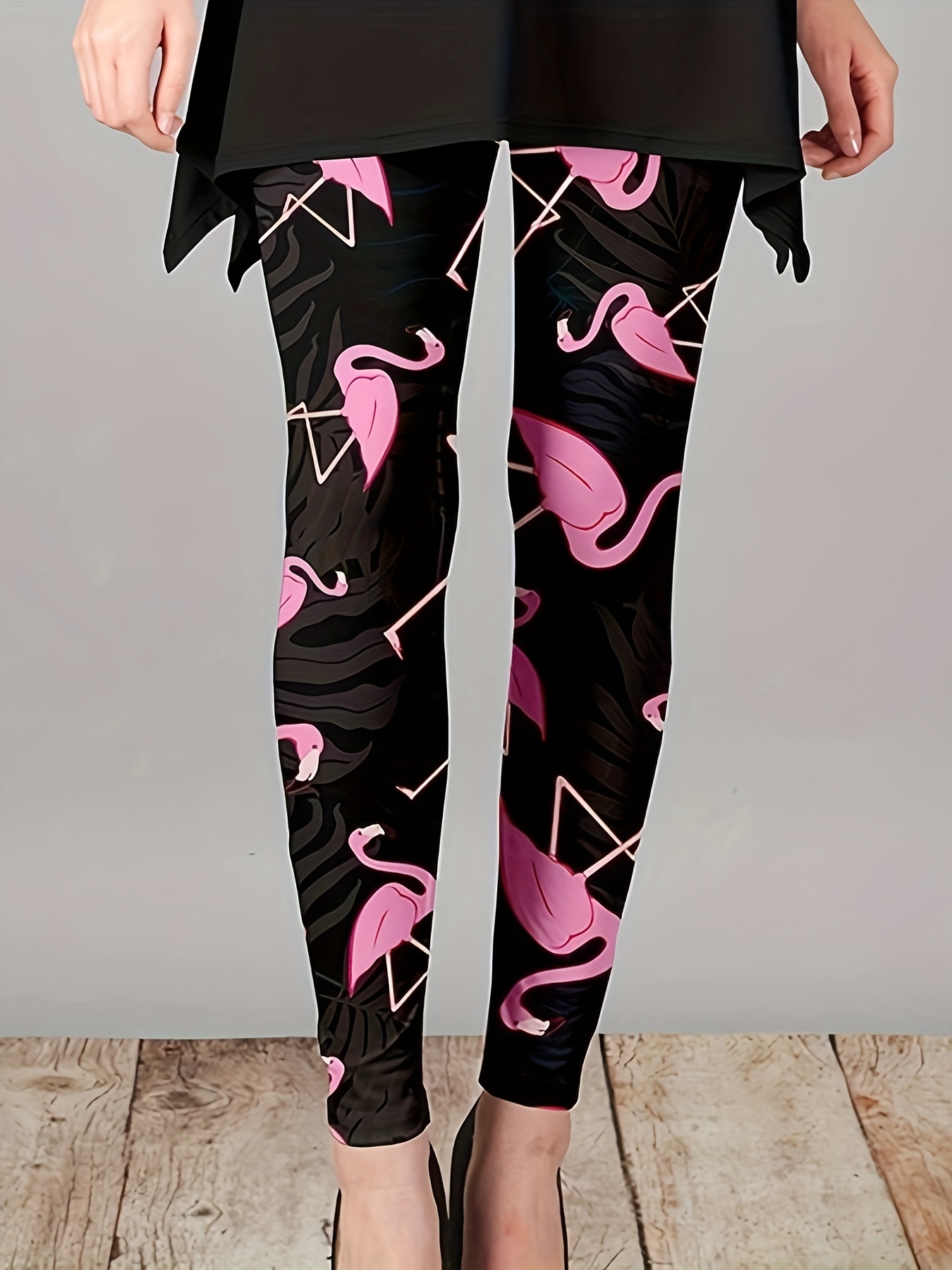 Flamingo Print Skinny Leggings Casual Elastic Waist Stretchy - Temu